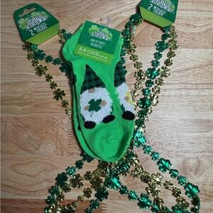 St. Patrick's Day Shamrock Beaded Necklaces and Gnome Low Cut Socks Bundle